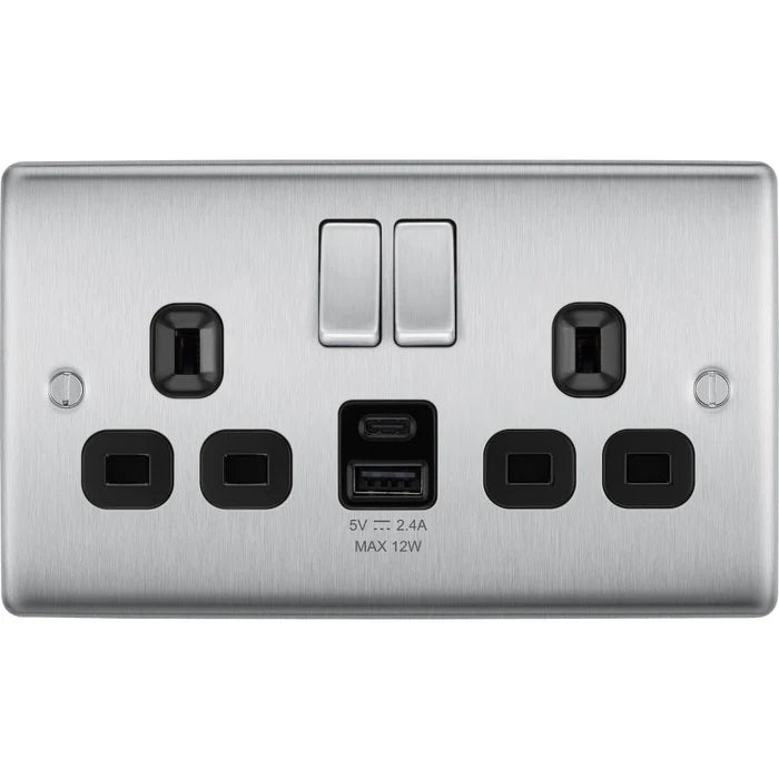 BG Nexus Metal Brushed Steel 13A Double USB Socket with 12W A+C Ports NBS22UAC12B