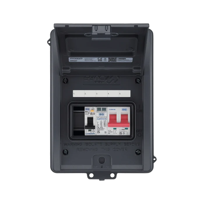 Sync Energy 5 Module Enclosure 100A Main Switch 40A 30mA Double Pole RCBO Type 2 SPD + 1 Spare Way Grey CFEV5RDA