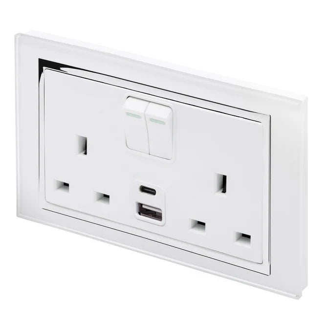 Retrotouch Crystal 13A Double Socket with 3.1A Dual USB & USBC - White, Glass and White Trim