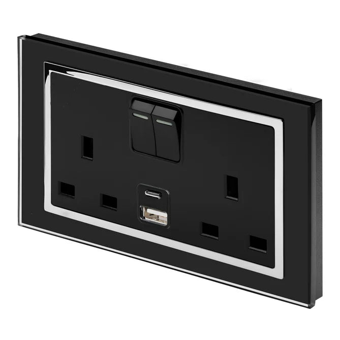 Retrotouch Crystal 13A Double Socket with 3.1A Dual USB & USBC - Black Glass and Black Trim