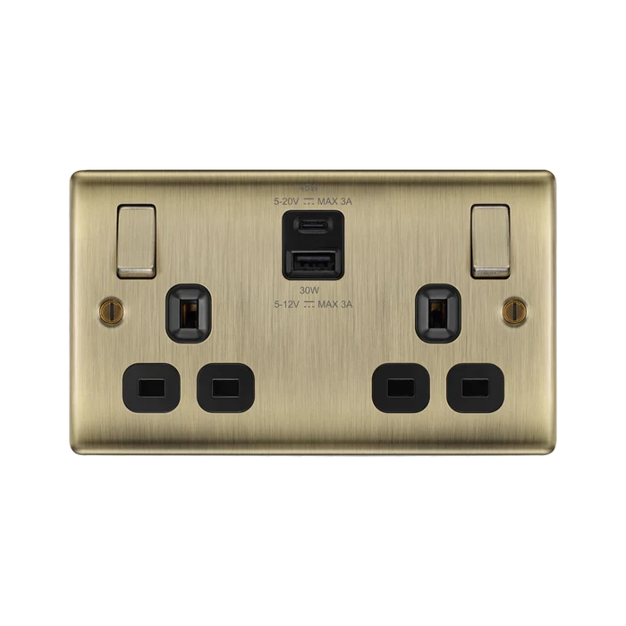 BG Nexus Metal Antique Brass 13A Double USB Socket with 45W A+C NAB22UAC45B