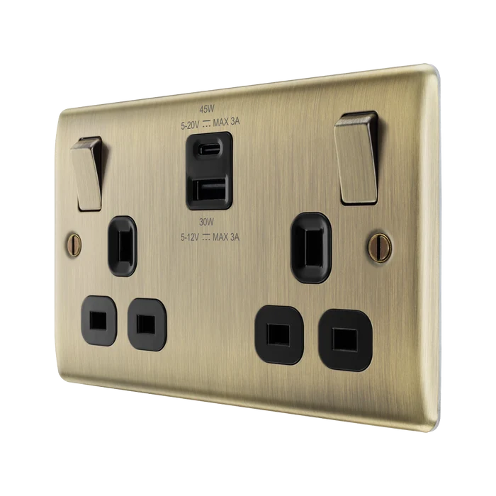 BG Nexus Metal Antique Brass 13A Double USB Socket with 45W A+C NAB22UAC45B