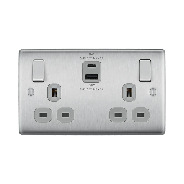 BG Nexus Metal Brushed Steel 13A Double USB Socket with 45W A+C Ports NBS22UAC45G
