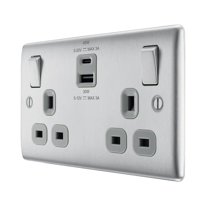 BG Nexus Metal Brushed Steel 13A Double USB Socket with 45W A+C Ports NBS22UAC45G