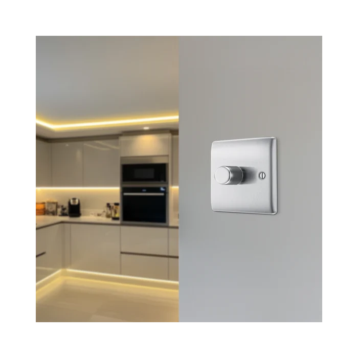 BG NBS81 Nexus Metal Brushed Steel 400W Intelligent Single Dimmer Switch, 2-Way Push On-Off