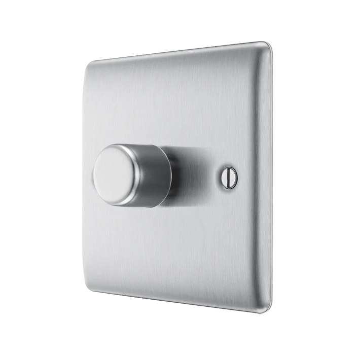 BG NBS81 Nexus Metal Brushed Steel 400W Intelligent Single Dimmer Switch, 2-Way Push On-Off