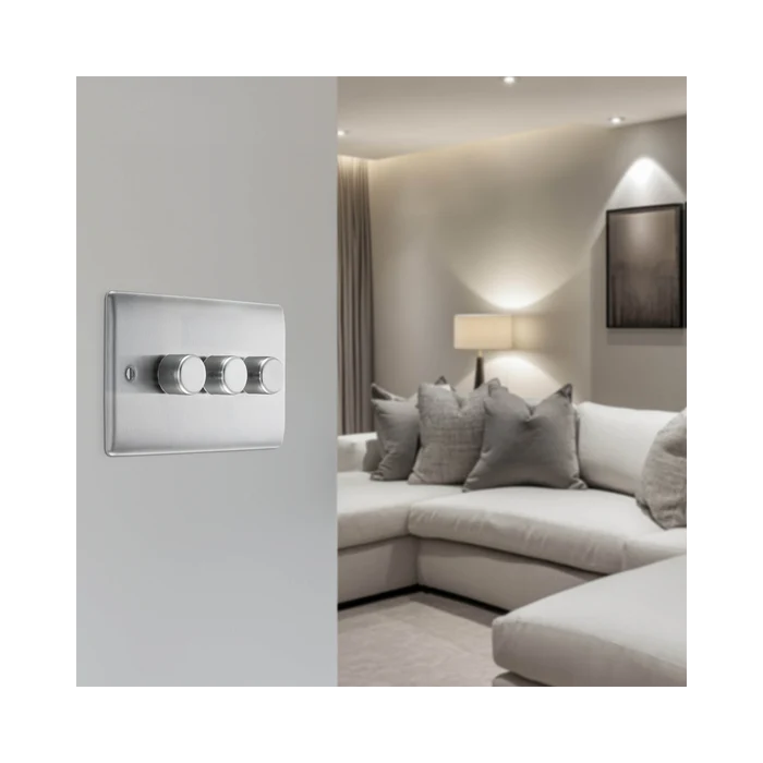 BG NBS83 Nexus Metal Brushed Steel Intelligent 400W Double Dimmer Switch, 2-Way Push On-Off