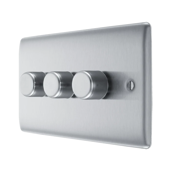 BG NBS83 Nexus Metal Brushed Steel Intelligent 400W Double Dimmer Switch, 2-Way Push On-Off