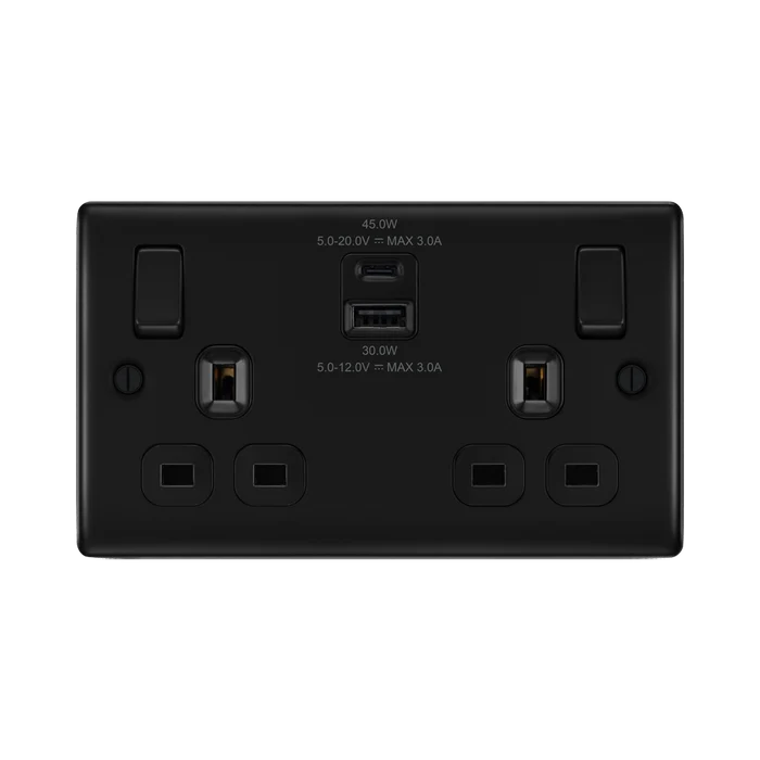 BG Nexus Metal Matt Black 13A Double USB Socket with 45W A+C NFB22UAC45B