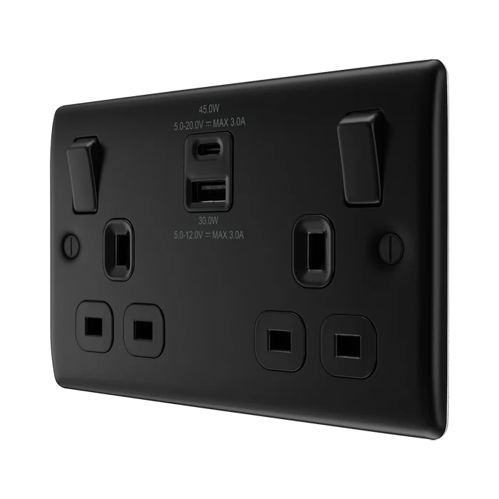 BG Nexus Metal Matt Black 13A Double USB Socket with 45W A+C NFB22UAC45B