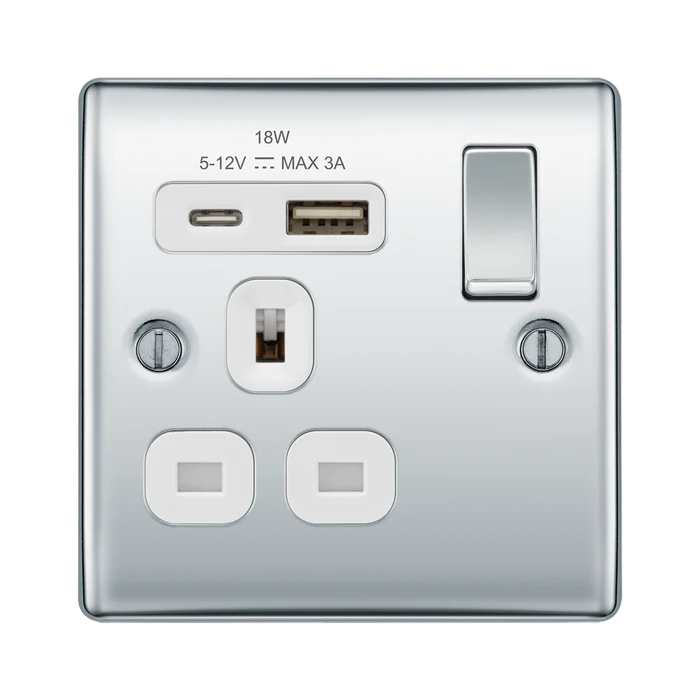 BG Nexus Metal Polished Chrome 13A Single A+C USB Socket NPC21UAC18W