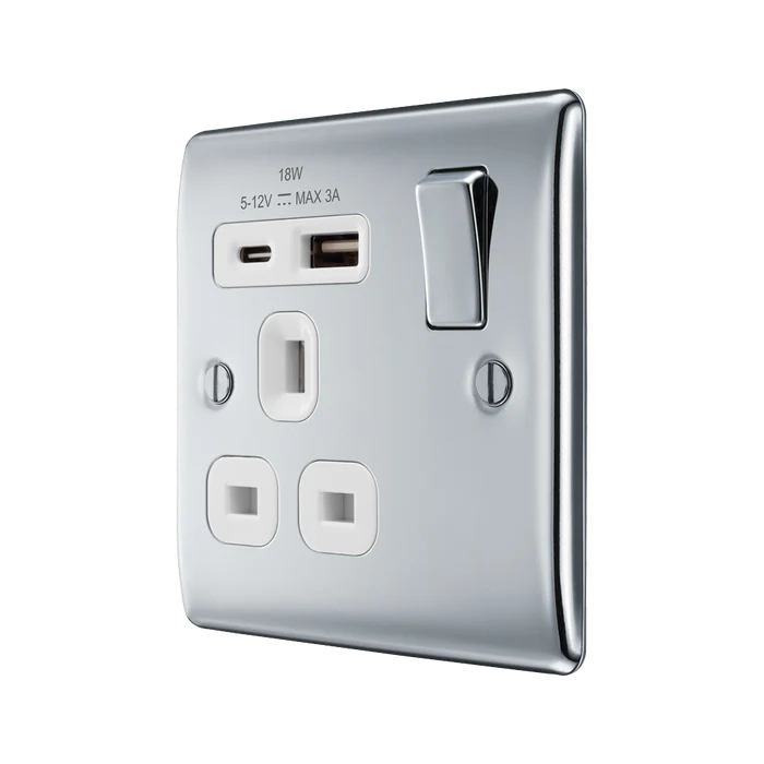BG Nexus Metal Polished Chrome 13A Single A+C USB Socket NPC21UAC18W