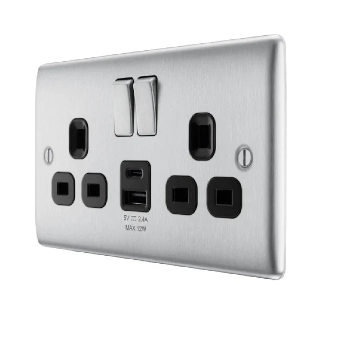 BG Nexus Metal Brushed Steel 13A Double USB Socket with 12W A+C Ports NBS22UAC12B