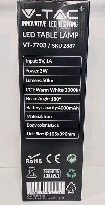 Table lamp V-TAC LED Black Square Rechargeable Portable USB Dimmable Light